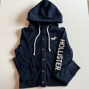 Hollister Navy Blue Button Down Graphic Hoodie Jacket Sweatshirt Size S